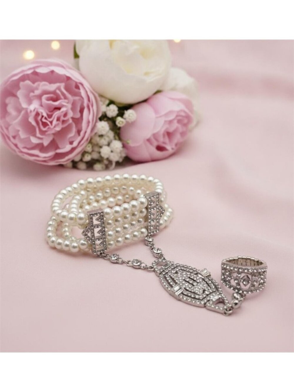 Vintage Faux Pearl Slave Bracelet Ring Set Clear Crystal Pave Stretch Bridal
